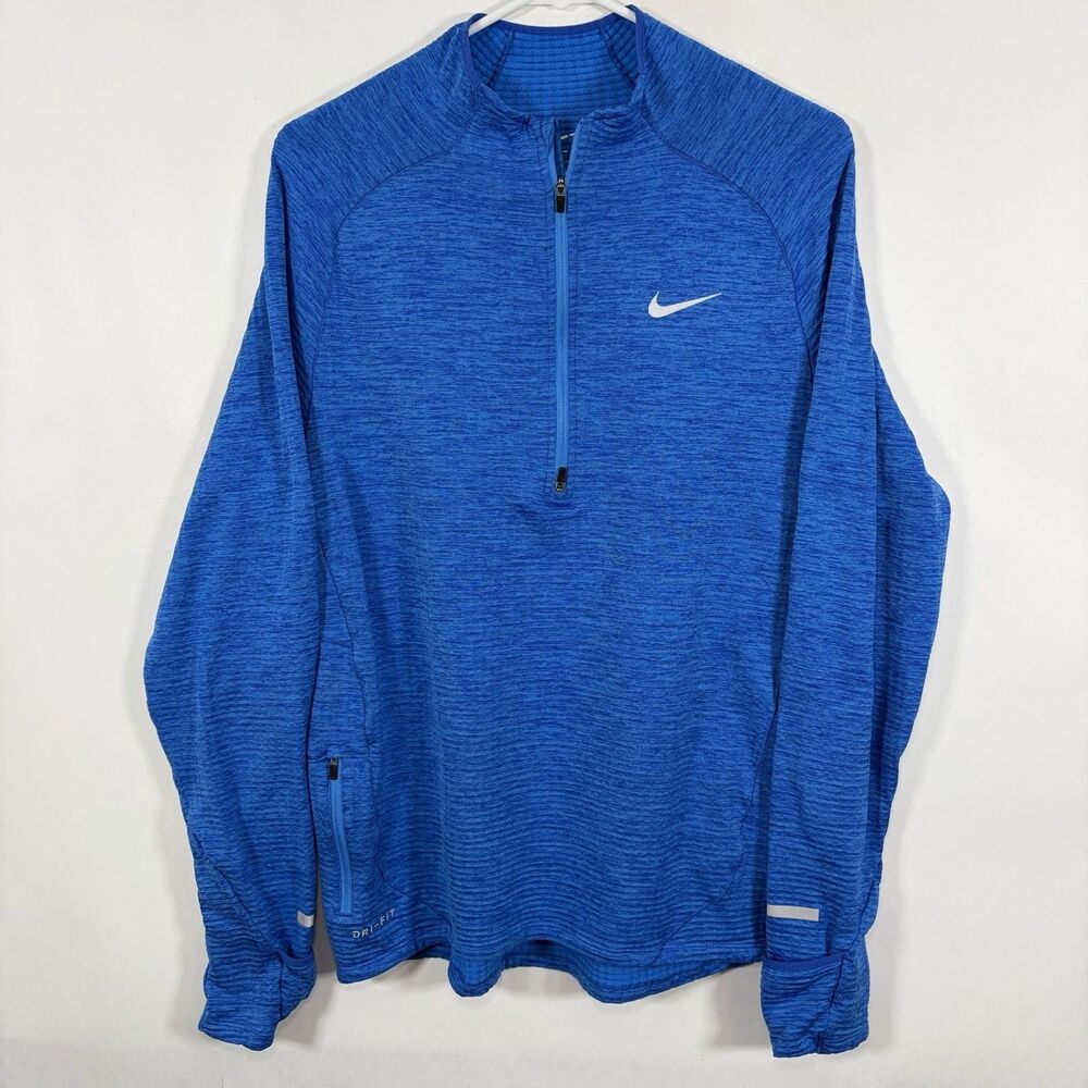 Nike 1/4 Zip Pullover Mens Medium Blue Waffle Knit Thumbholes Running Dri-Fit